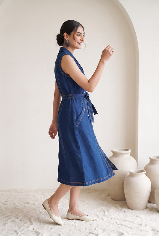 Indigo Blue Denim Cotton Flex  Dress