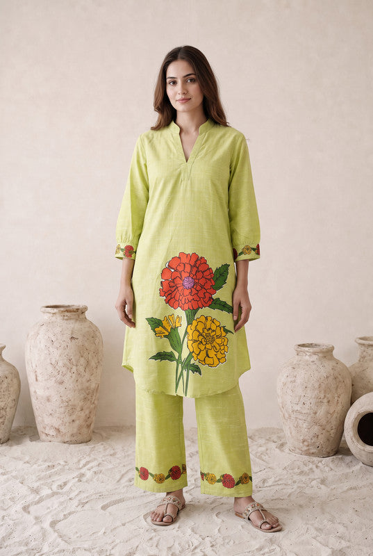 Lime Green Floral Cotton Co-Ord Set