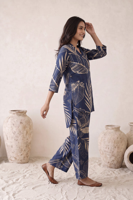 Navy Blue Floral Cotton Flex Co-Ord Set