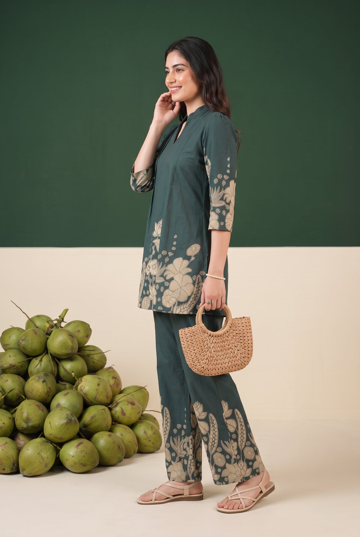 Teal Green Floral Statement Printed Cotton Co-ord Set