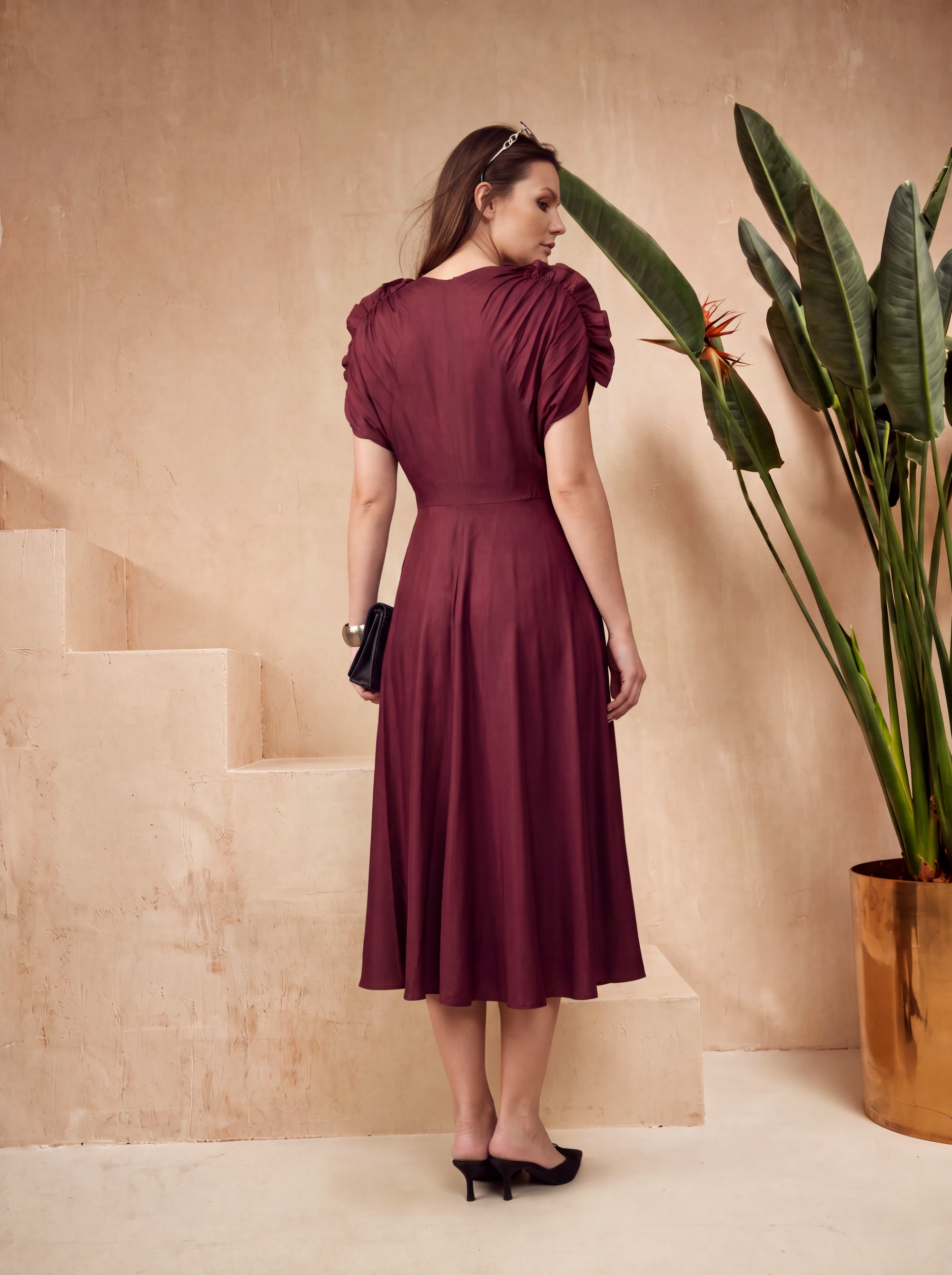 Maroon Solid Ruched Sleeve Russian Silk Midi Dress