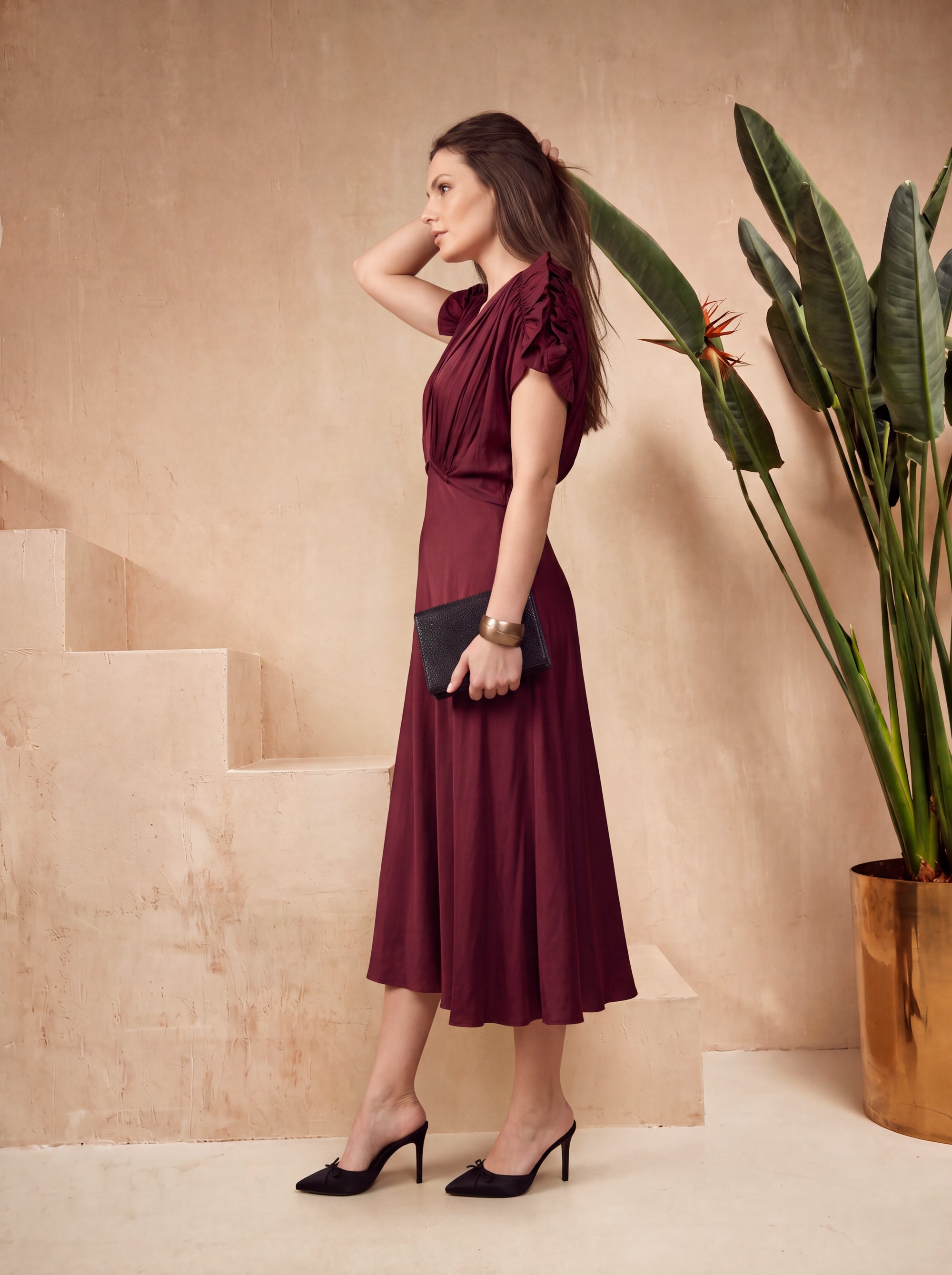 Maroon Solid Ruched Sleeve Russian Silk Midi Dress