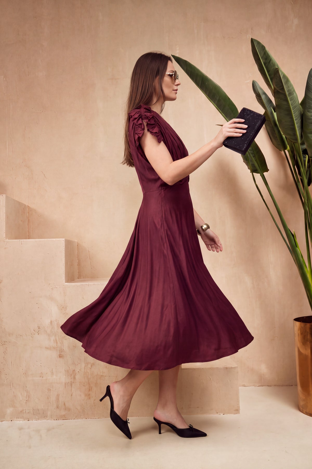 Maroon Solid Ruched Sleeve Russian Silk Midi Dress