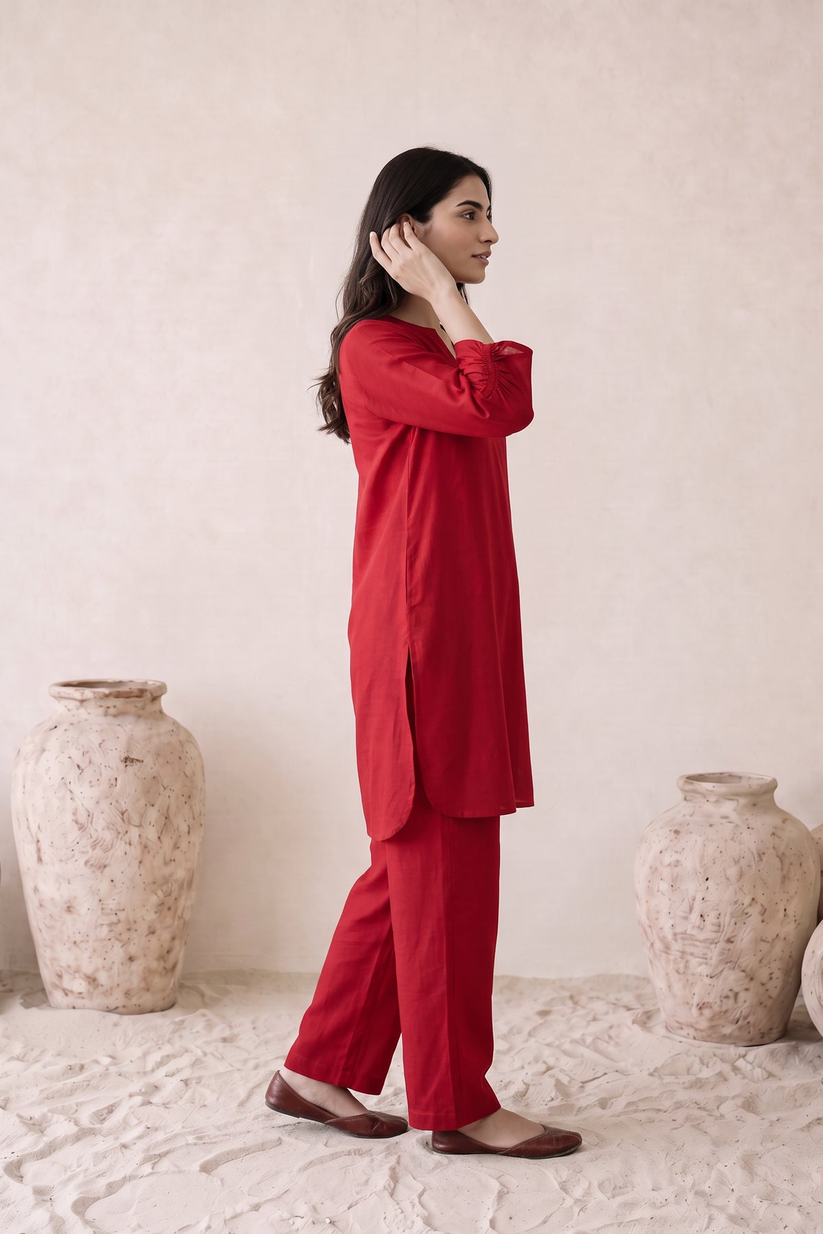 Red Urban Chic Solid Tunic & Pants Russian Silk Co-ord Set