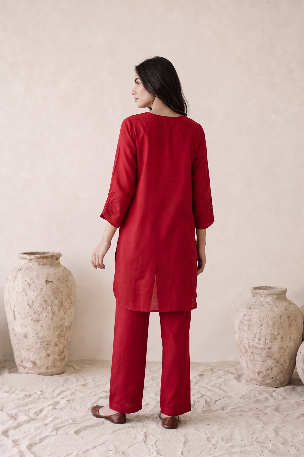 Red Urban Chic Solid Tunic & Pants Russian Silk Co-ord Set