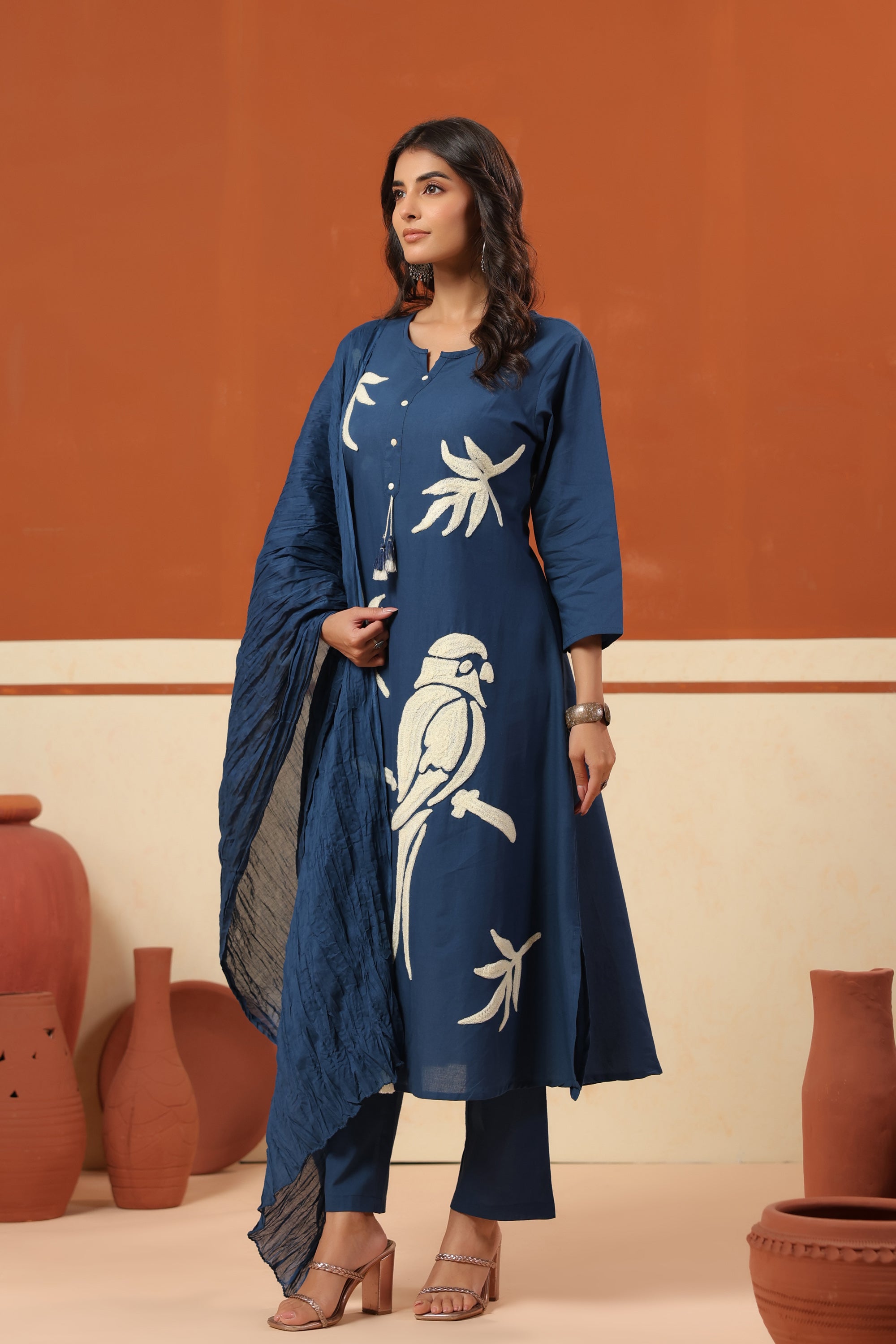 Navy Blue Bird Nature-Inspired Cotton Straight Kurta Set with Crushed Dupatta