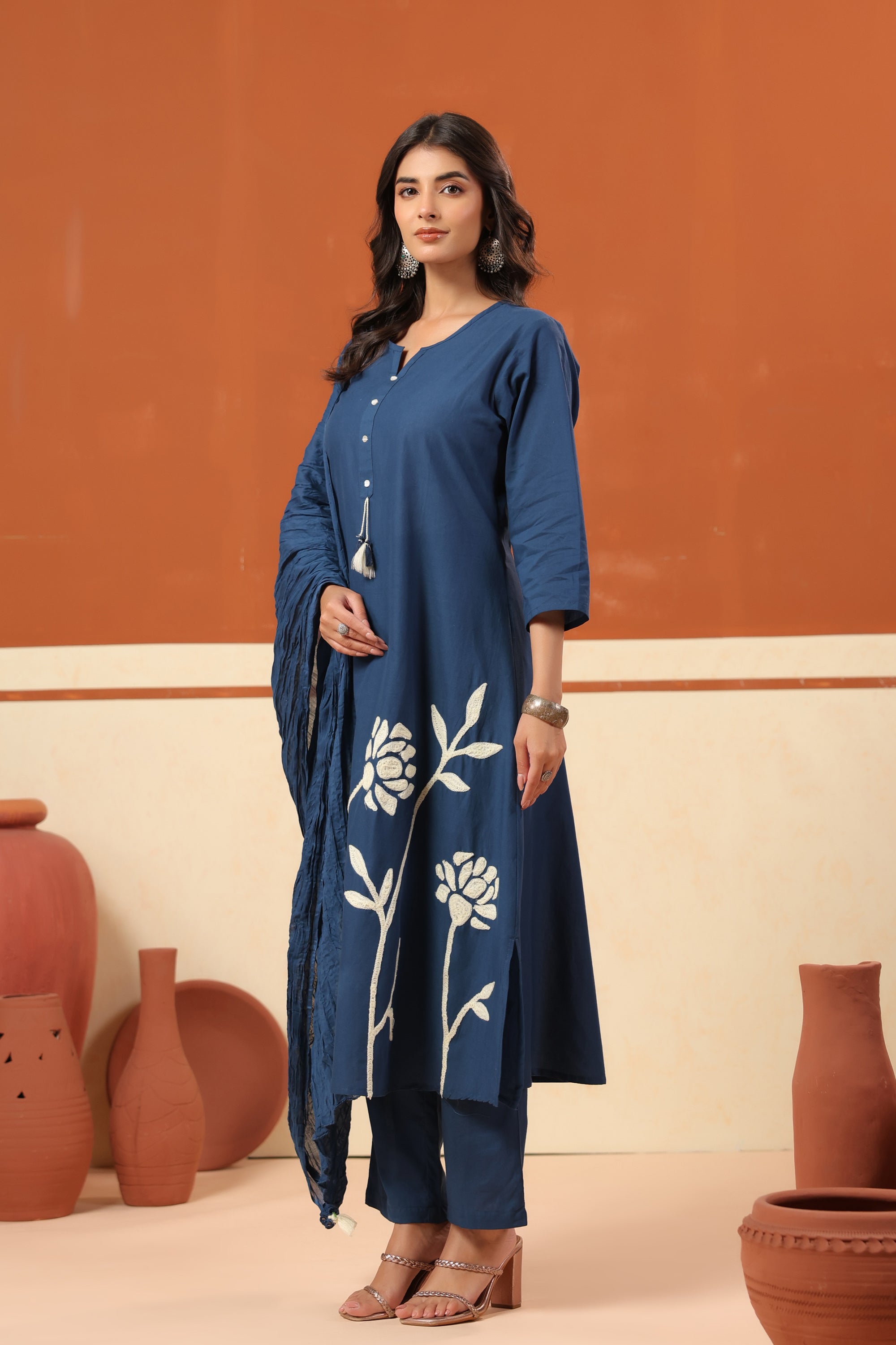 Blue Placement Floral Embroidery Cotton Kurta Set with Dupatta