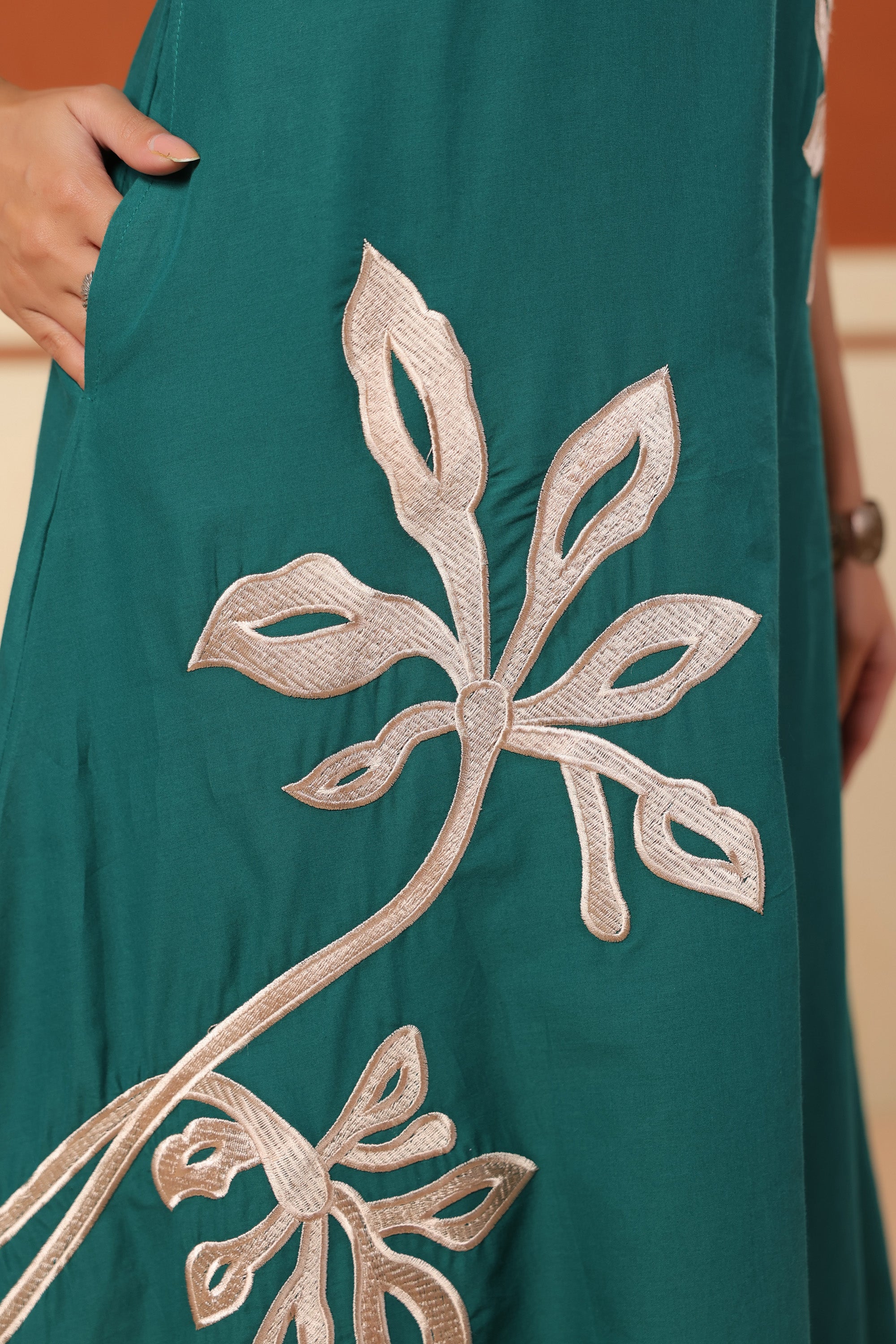 Green Floral Embroidered A-Line Top Palazzo Cotton Co-ord Set