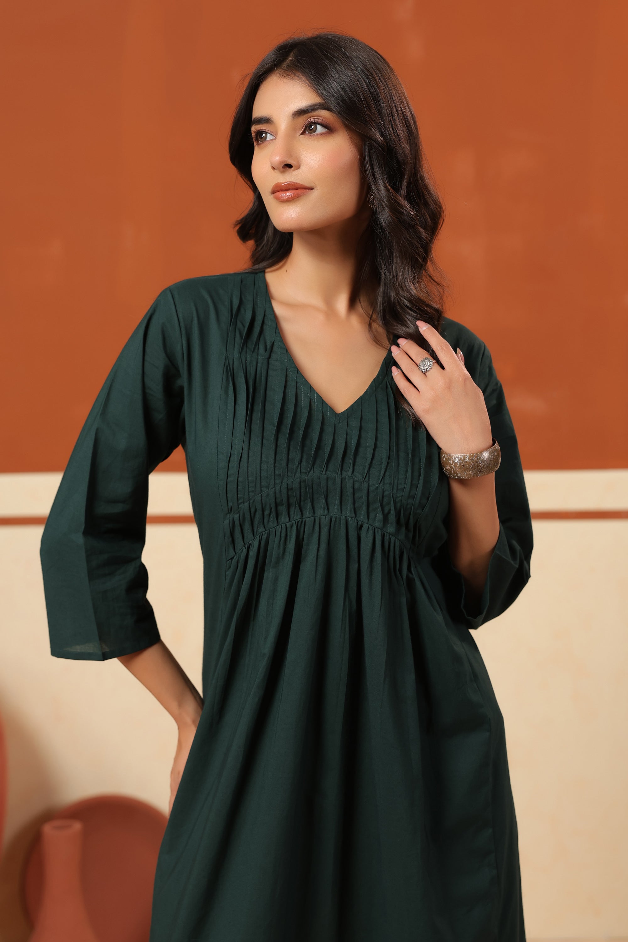 Green Cotton Solid Pleated Yoke V-Neck Kurta Pant Set