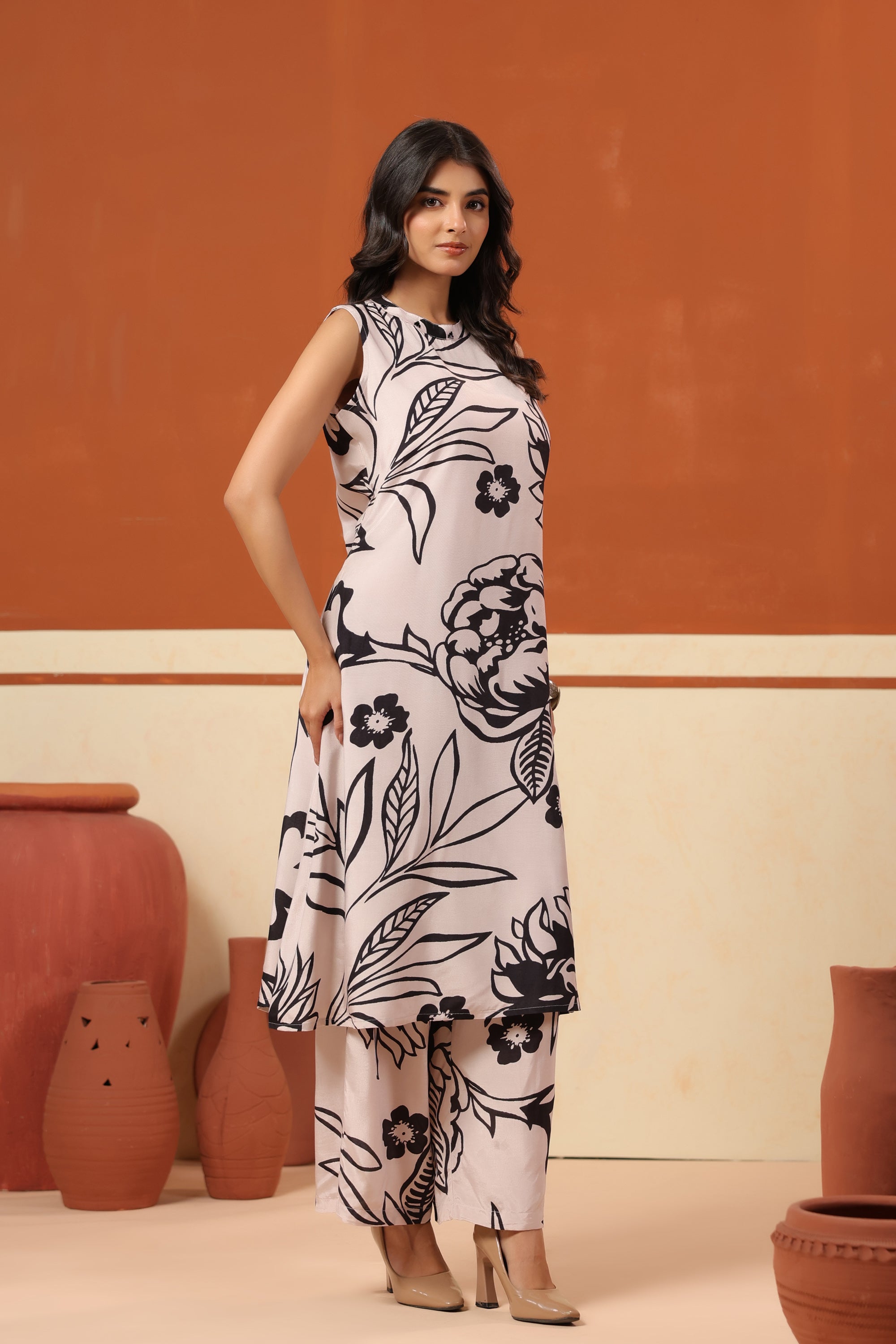 Ivory Black Floral Printed Sleeveless Top Pant RussianSilk Co-ord Set