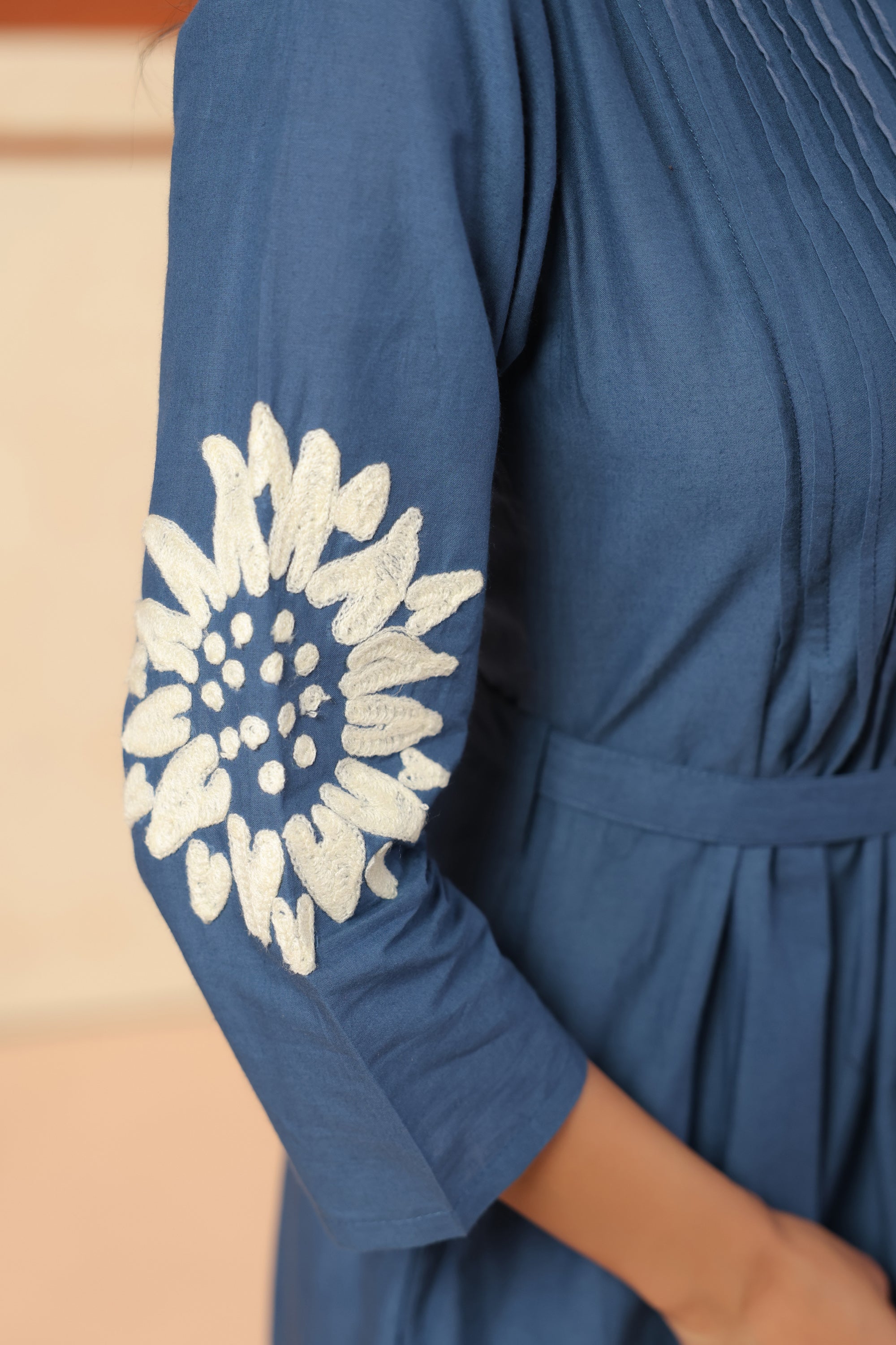 Blue Floral Motif Embroidered Cotton Belted Fit & Flare Midi Dress