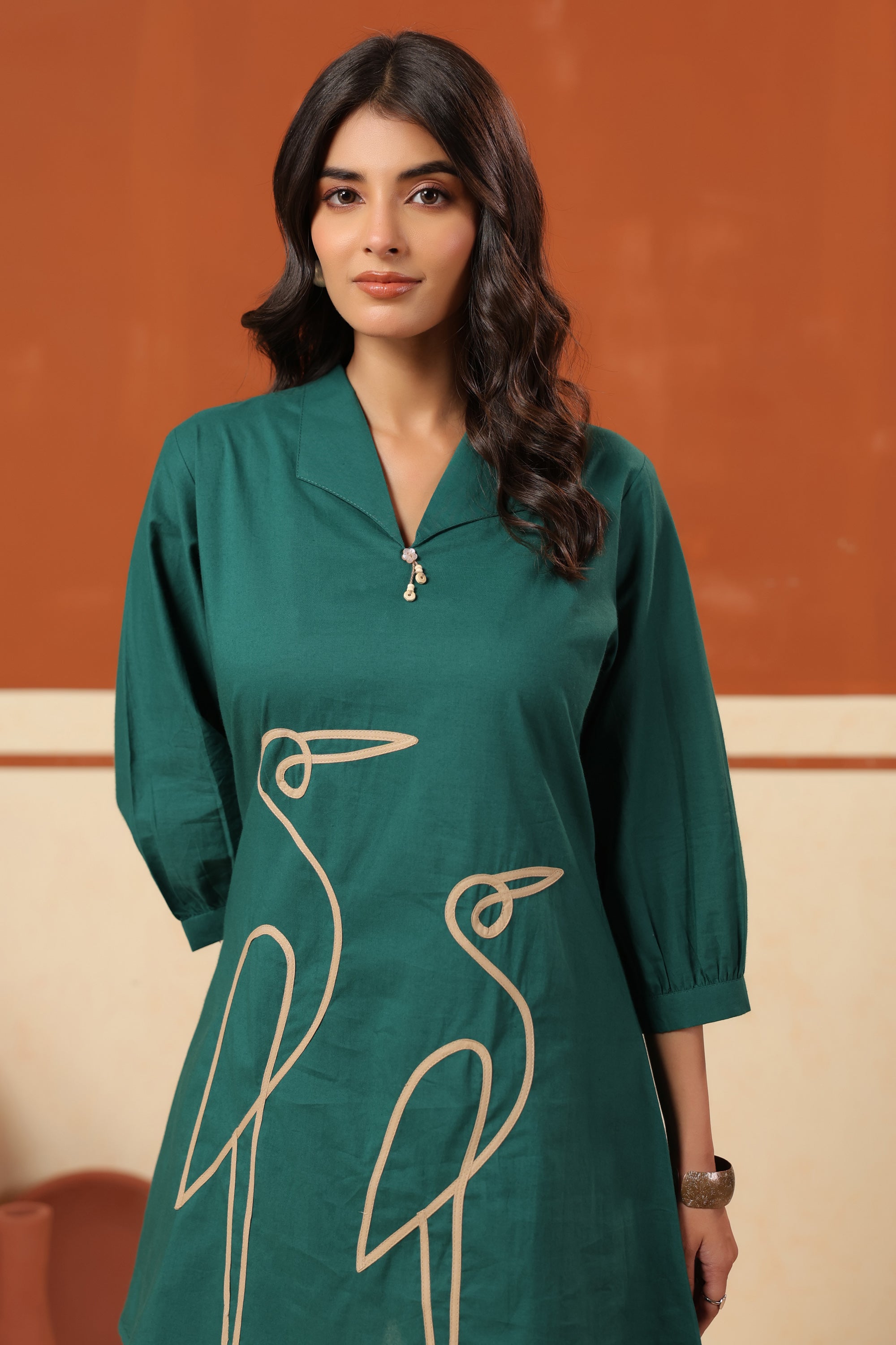Green Abstract Bird Embroidered Cotton Top Palazzo Co-ord Set