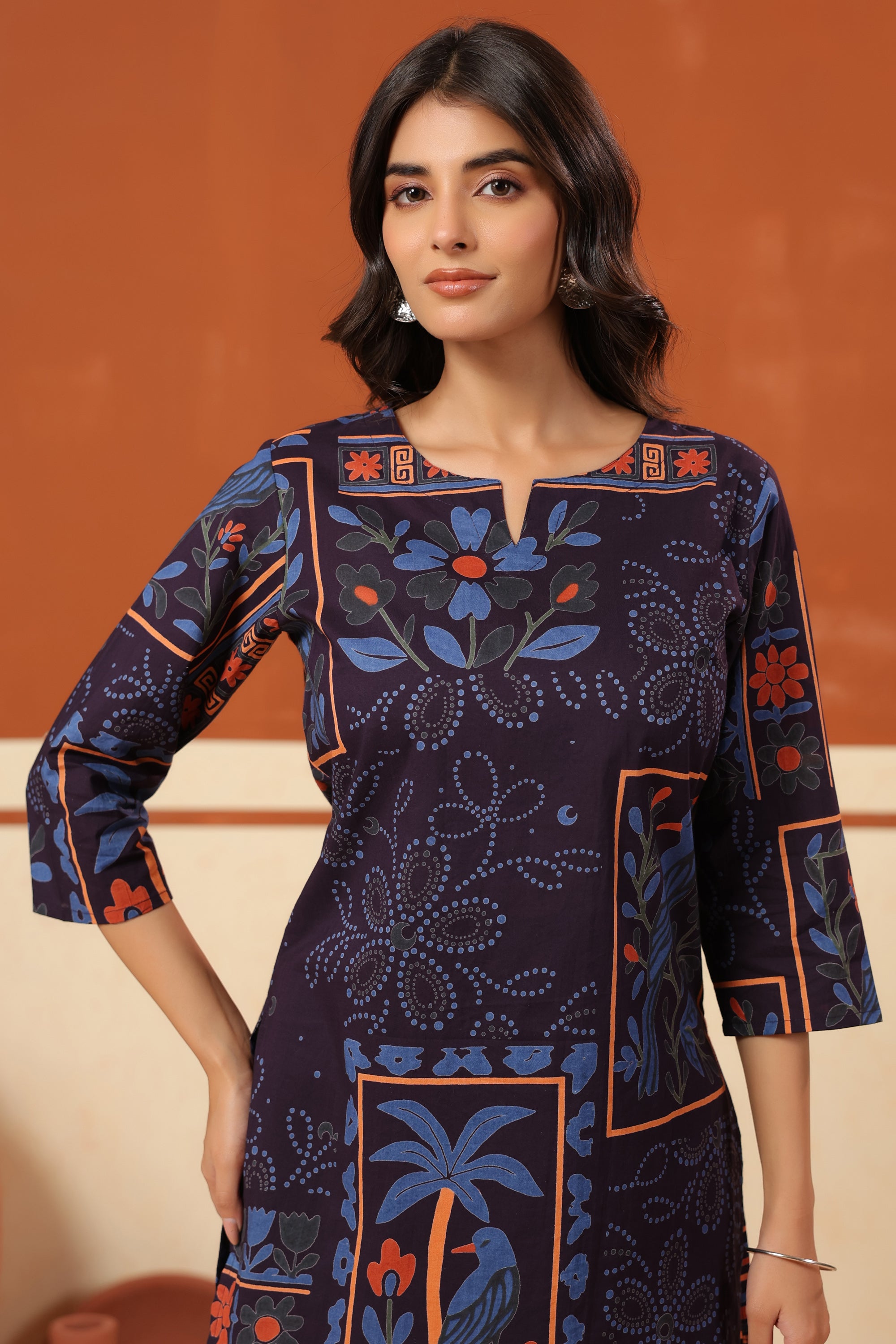 Midnight Blue Bird Story Printed Cotton Top Pant Co-ord Set