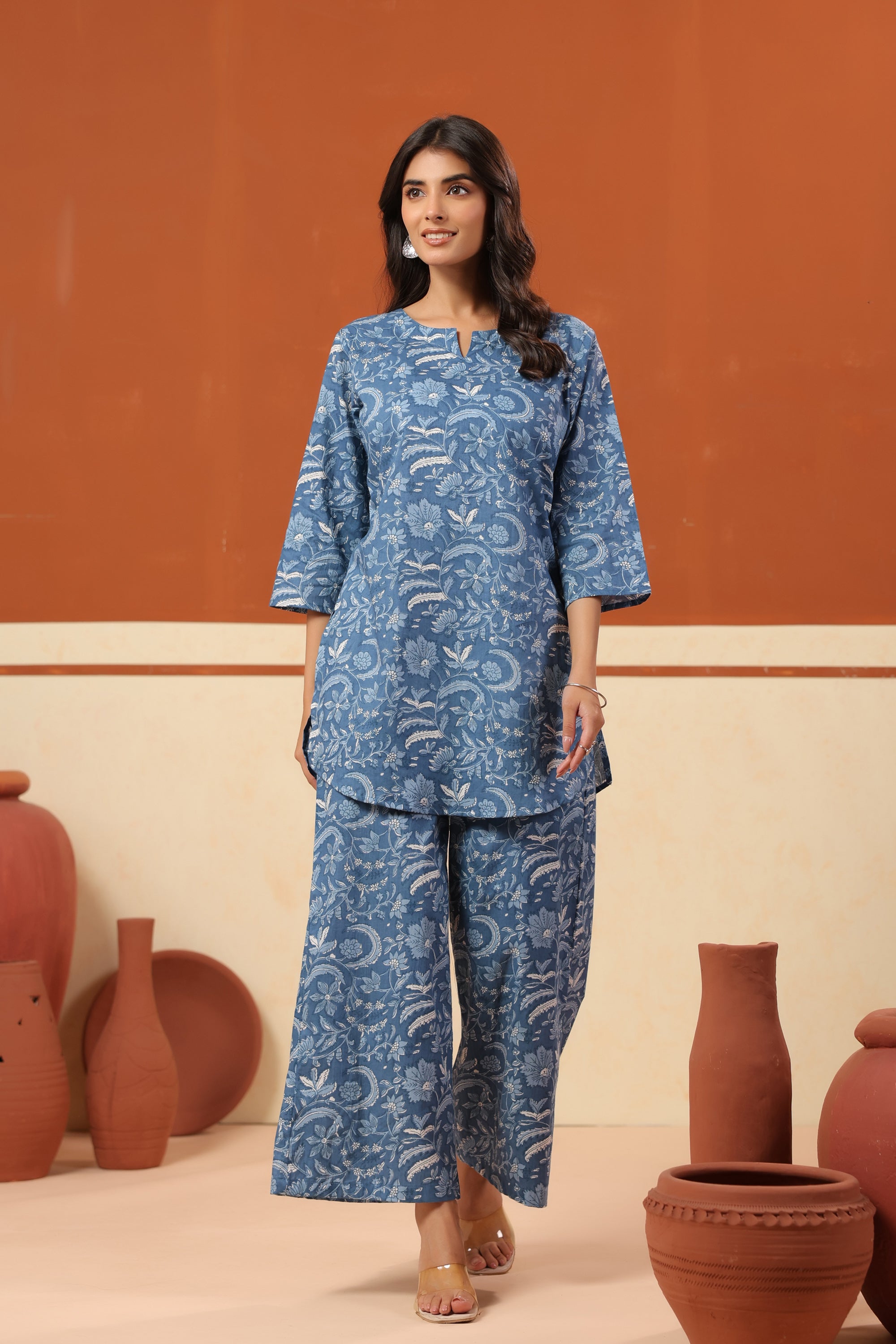 Blue Floral Jaal Printed Straight Cotton Co-ord Set