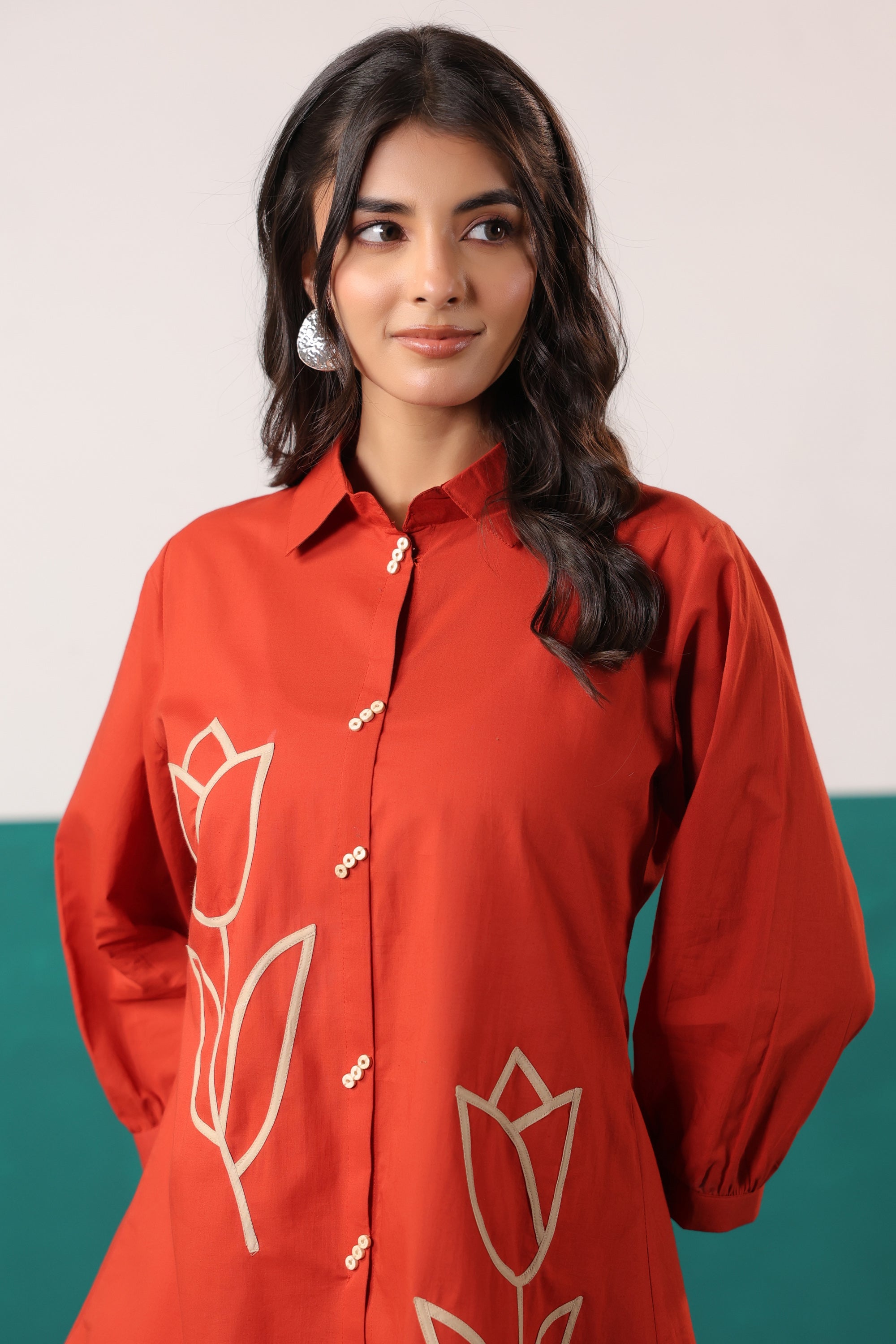 Rust Tulip Placement Embroidered Shirt Palazzo Cotton Co-ord Set