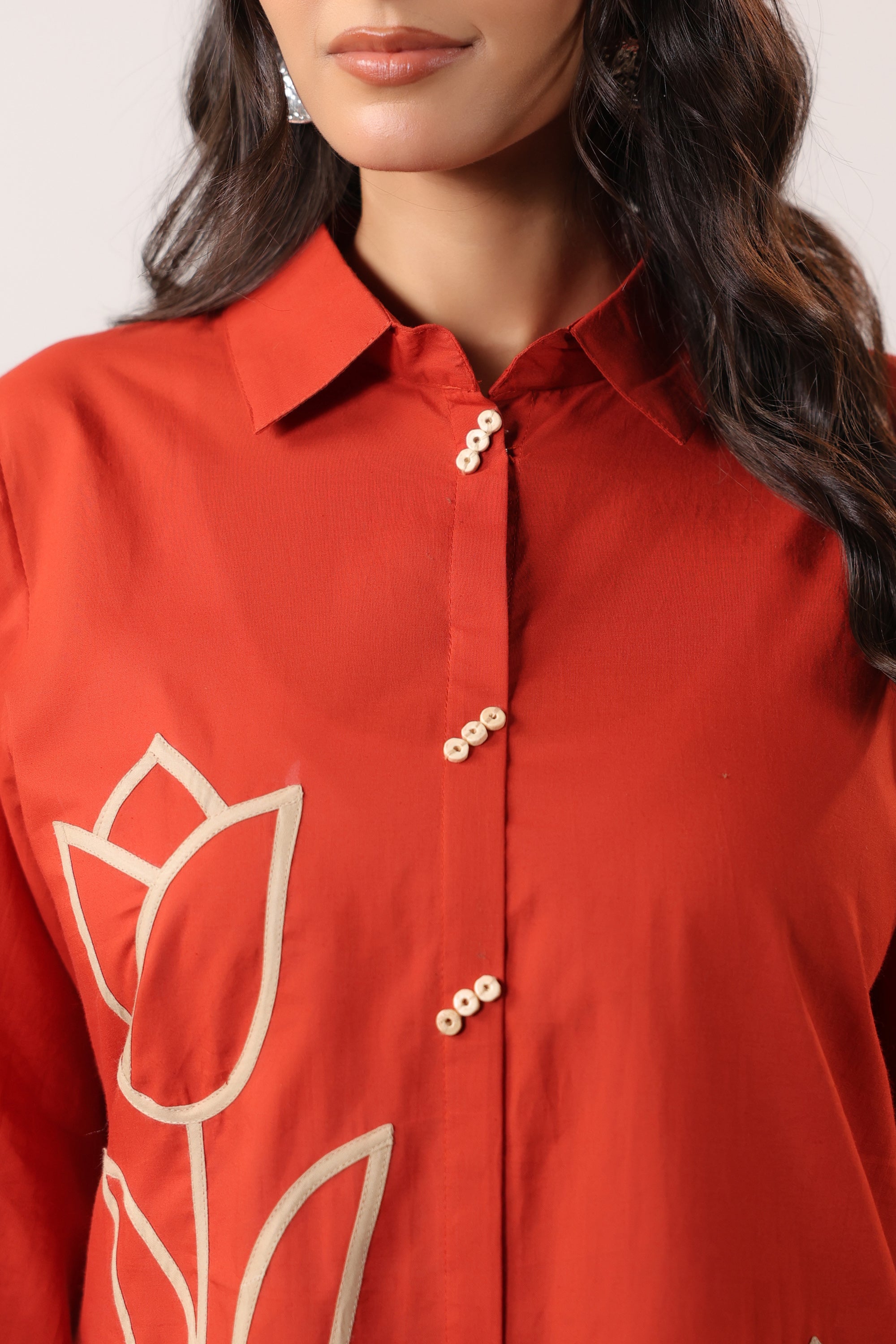 Rust Tulip Placement Embroidered Shirt Palazzo Cotton Co-ord Set