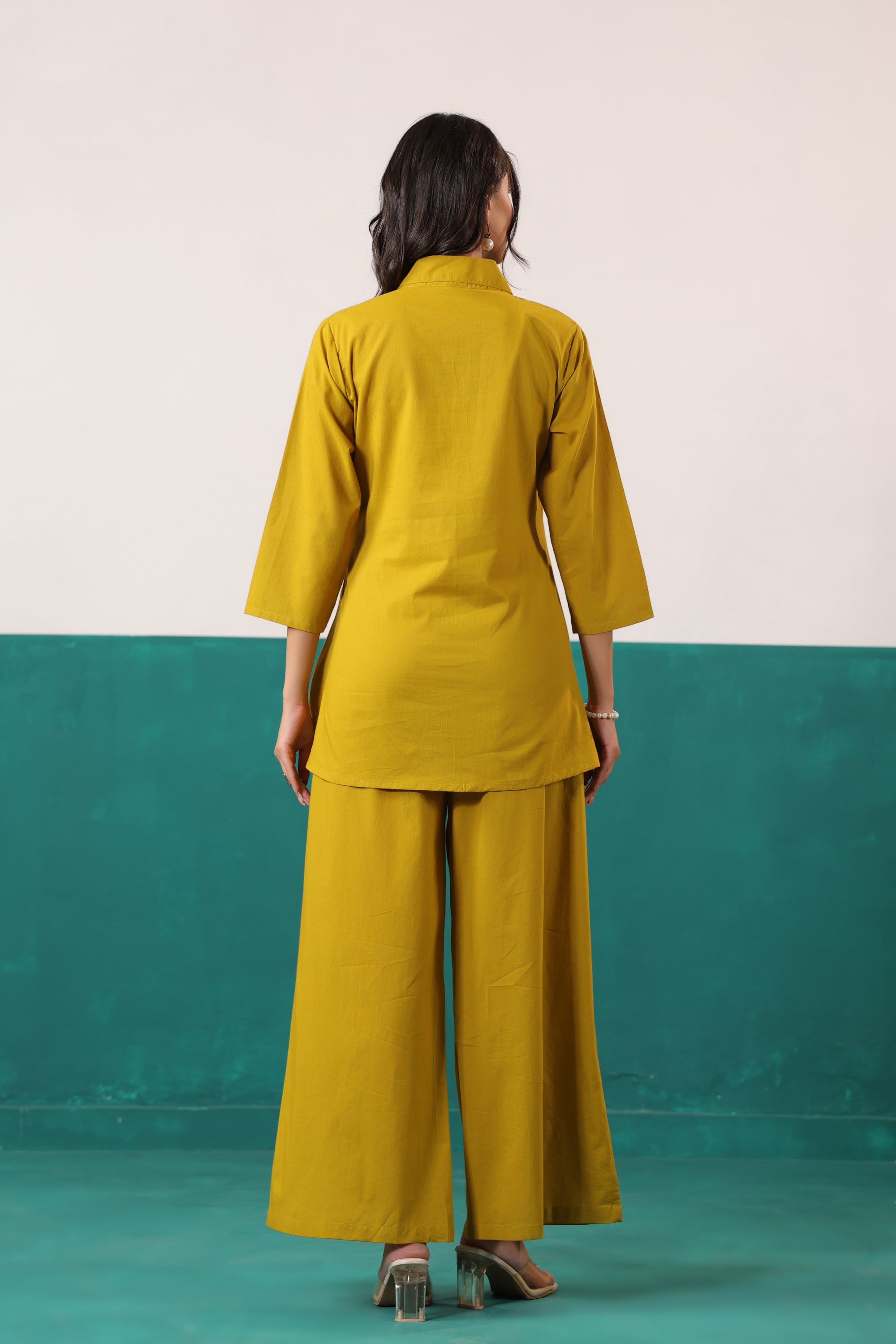 Mustard Ochre Leaf Motif Embroidered Top Palazzo Cotton Co-ord Set