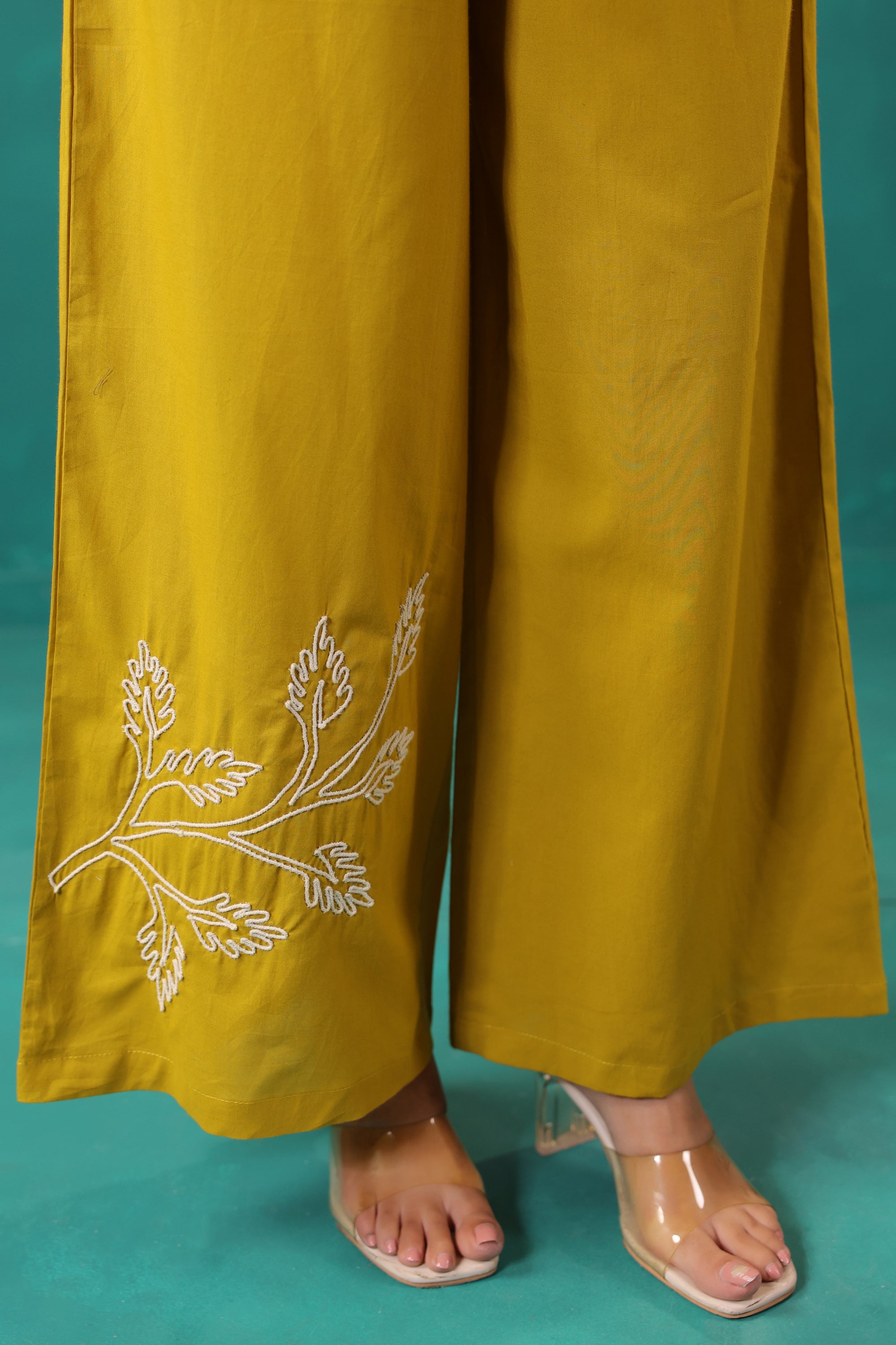 Mustard Ochre Leaf Motif Embroidered Top Palazzo Cotton Co-ord Set