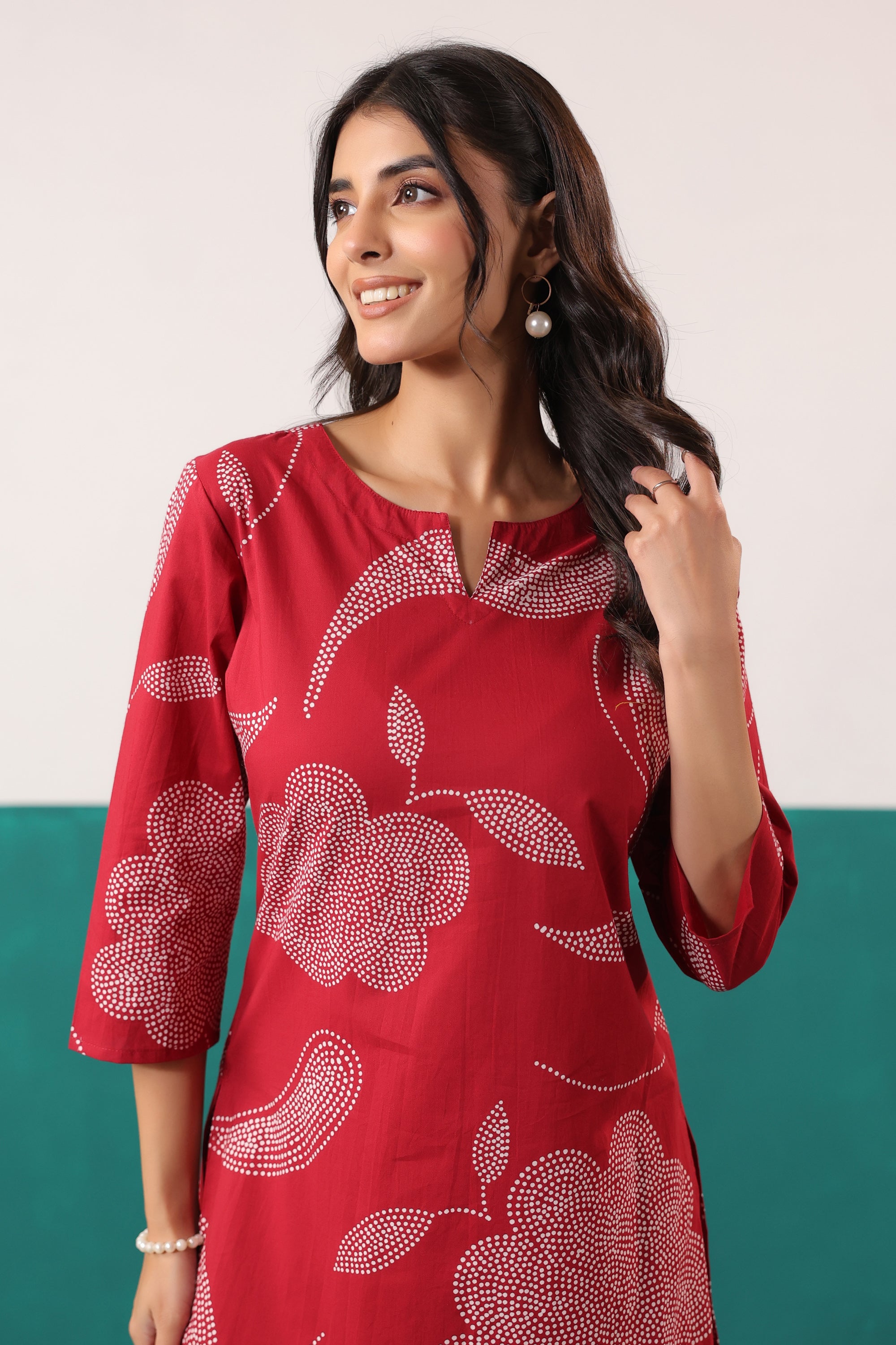 Maroon Floral Printed Straight Cotton Co-ord Set