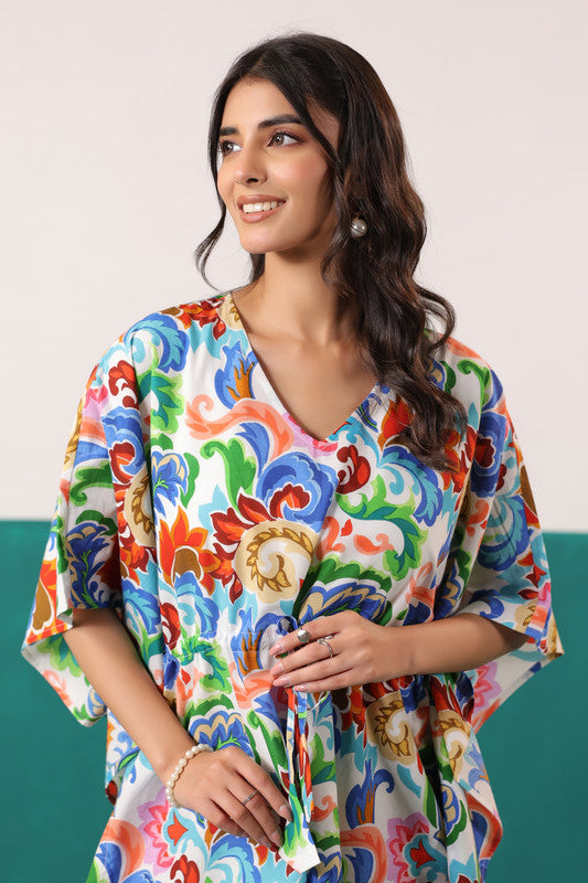 Multicolor Floral Printed Cotton Tassel Tie-Up Kaftan Dress