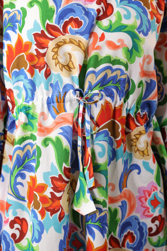 Multicolor Floral Printed Cotton Tassel Tie-Up Kaftan Dress