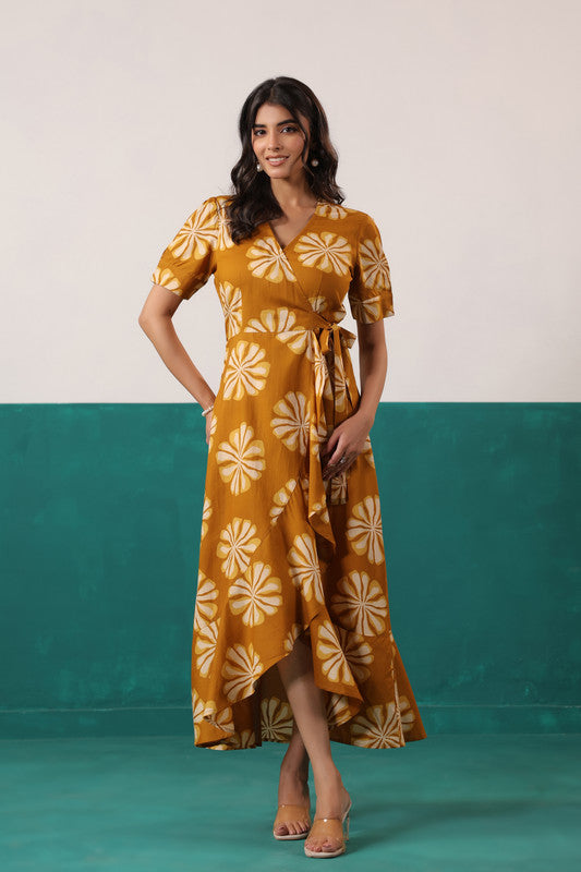 Mustard Sunflower Bloom Printed Cotton Tie-Up Wrap Dress