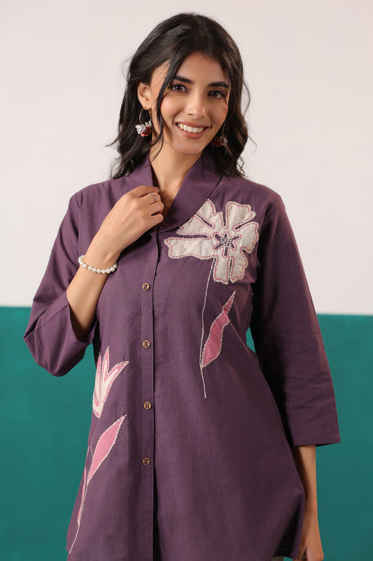 Plum Purple Floral Embroidered Button-Down Cotton Flex Shirt Top