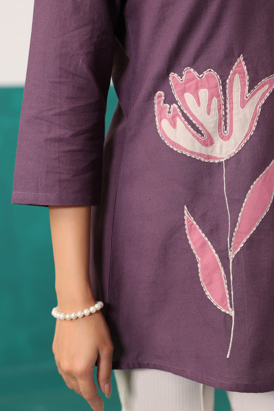 Plum Purple Floral Embroidered Button-Down Cotton Flex Shirt Top