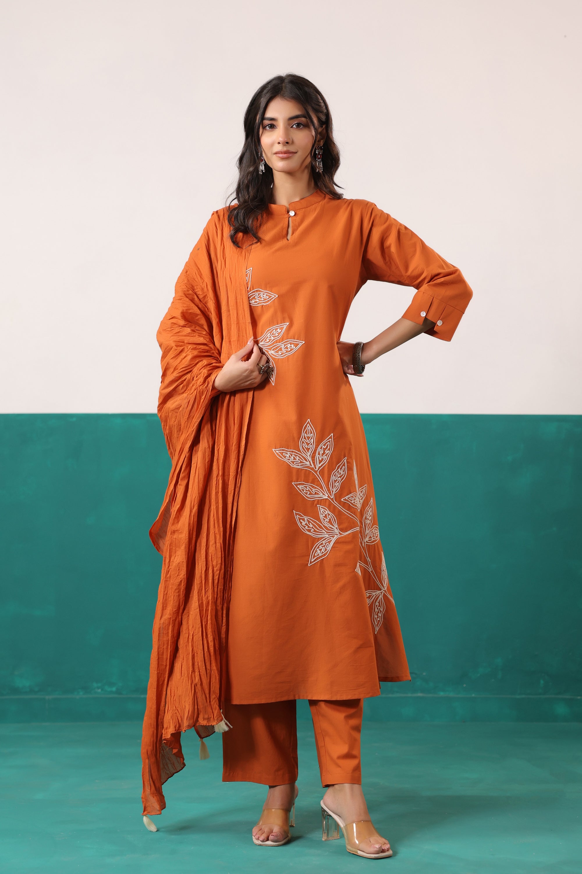 Rust Thread Work Embroidered Cotton Ethnic Kurta Set with Crushed Dupatta