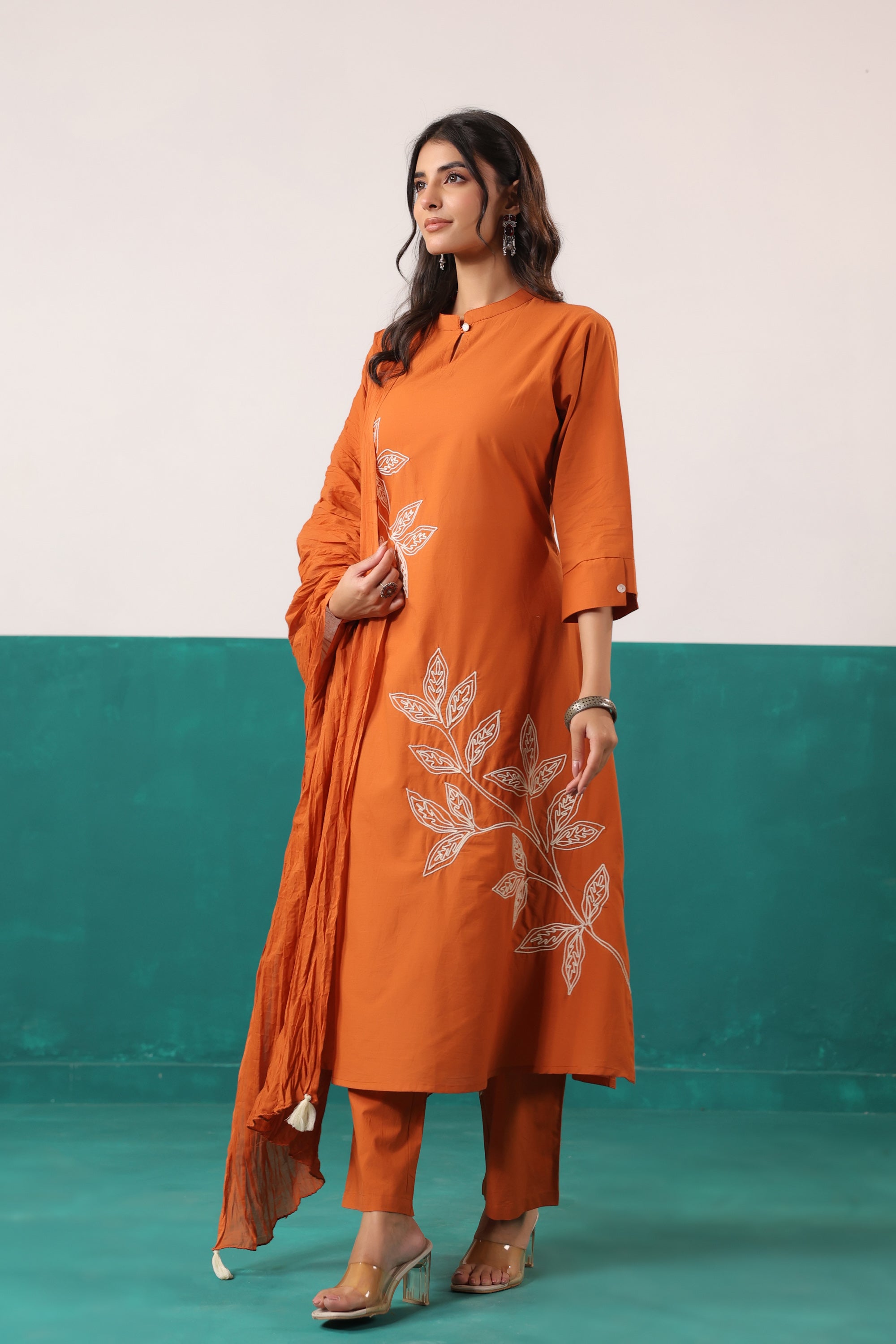 Rust Thread Work Embroidered Cotton Ethnic Kurta Set with Crushed Dupatta