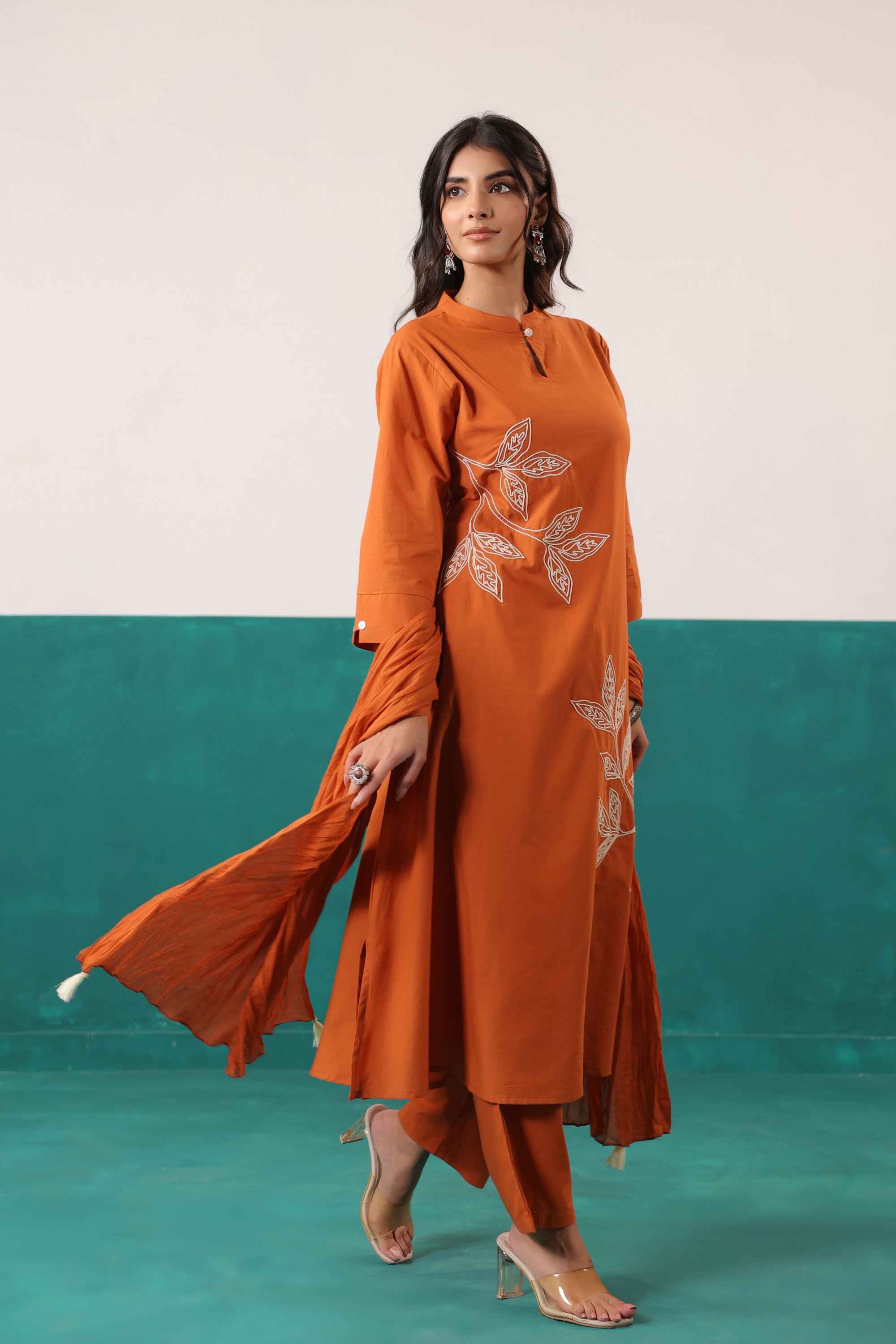 Rust Thread Work Embroidered Cotton Ethnic Kurta Set with Crushed Dupatta