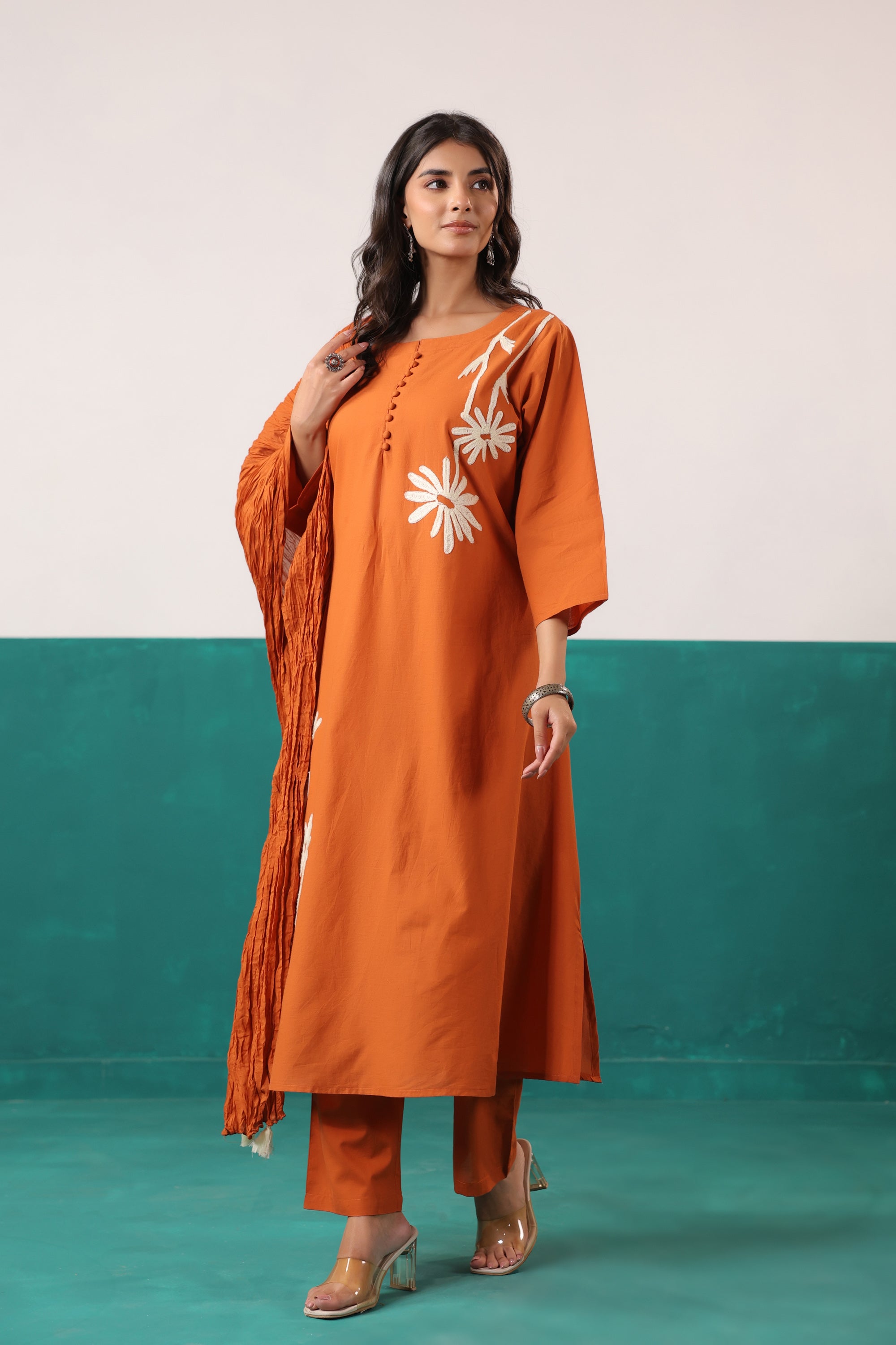 Rust Floral Embroidered Cotton Handwork Kurta Pant with Dupatta