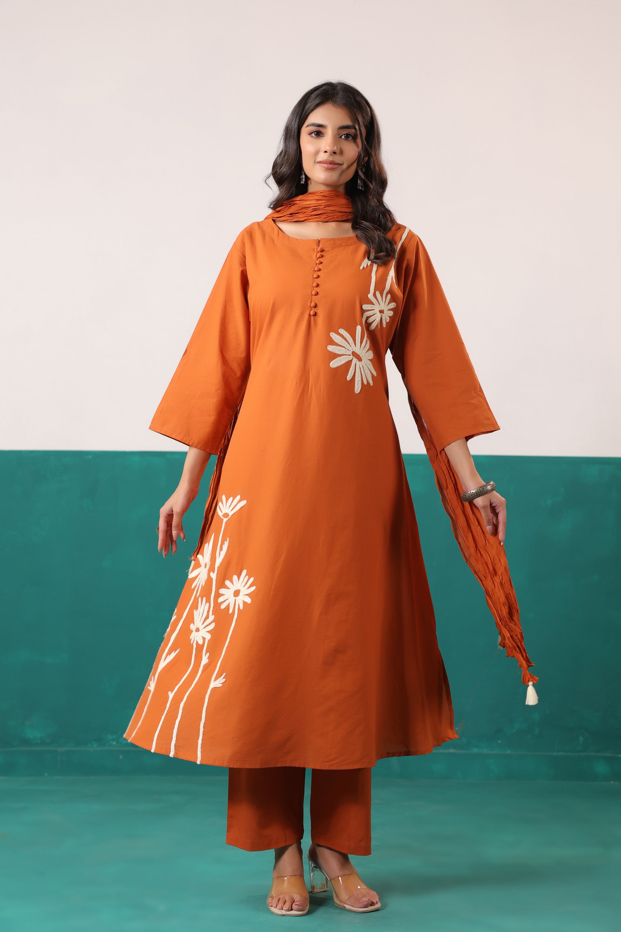 Rust Floral Embroidered Cotton Handwork Kurta Pant with Dupatta