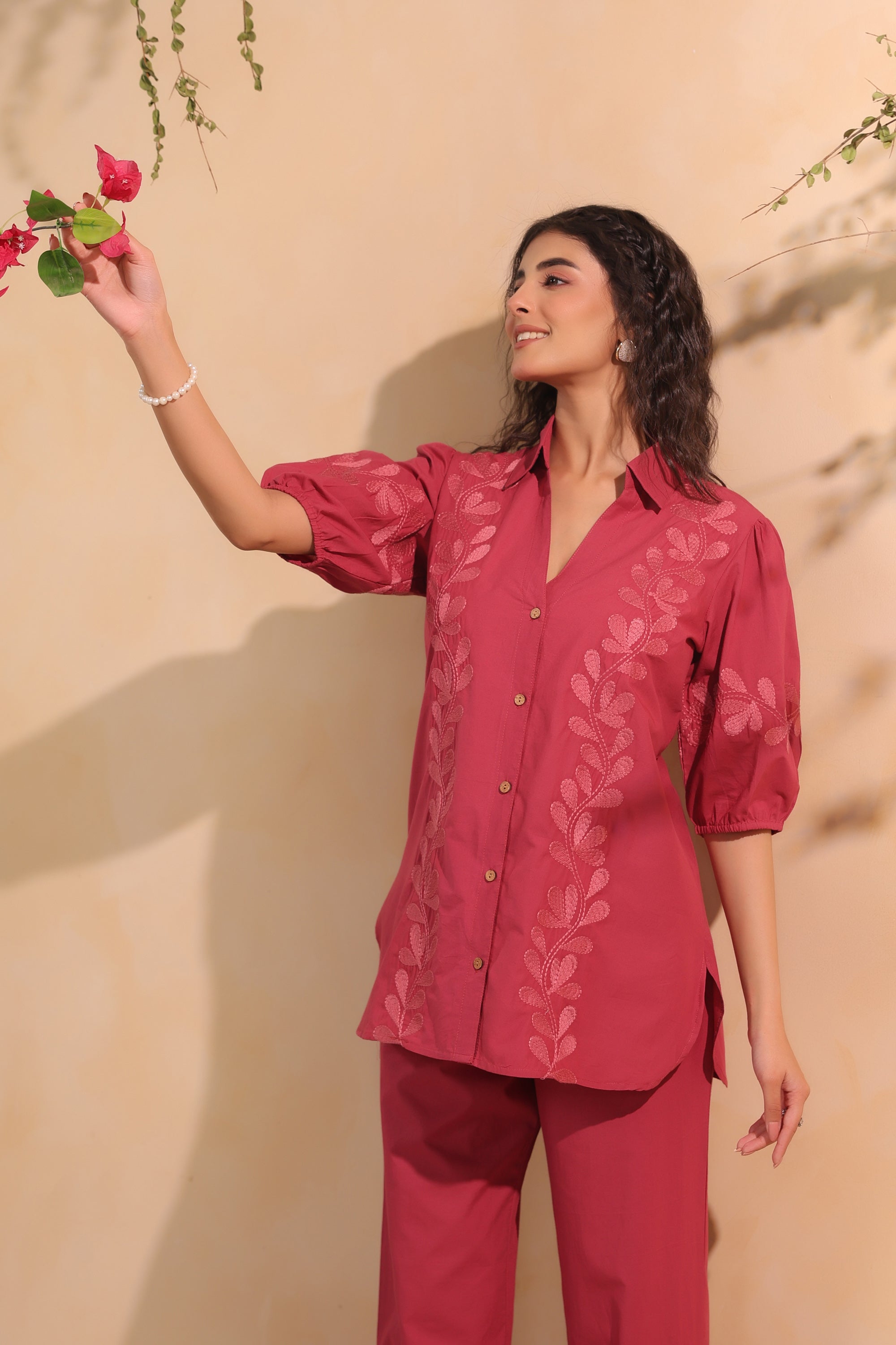Pink Leaf Embroidered Designer Cotton Co-ord Set with Puff Sleeves