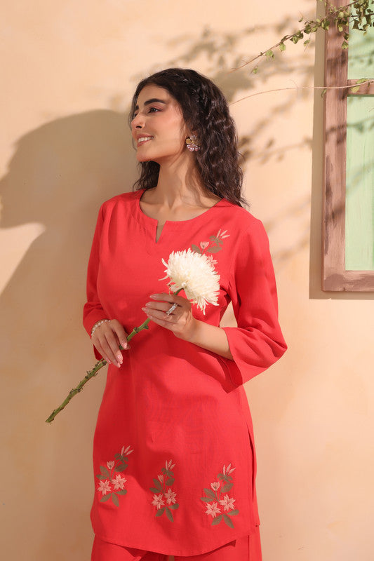 Coral Red Minimal Floral Embroidered Cotton Flex Co-ord Set