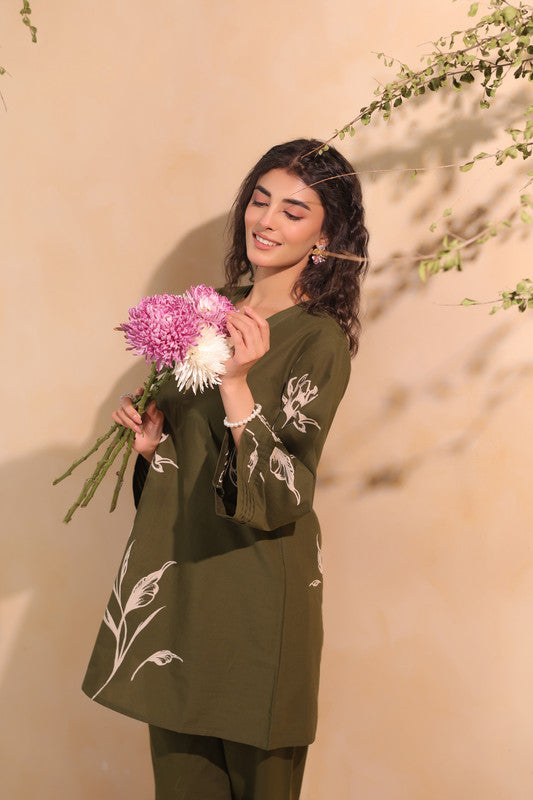 Olive Green Artistic Floral Printed Cotton Co-ord Set