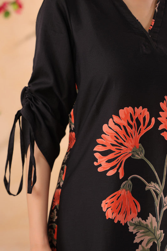 Black Floral Motif Cotton Co-ord Set with Tie-Up Sleeves