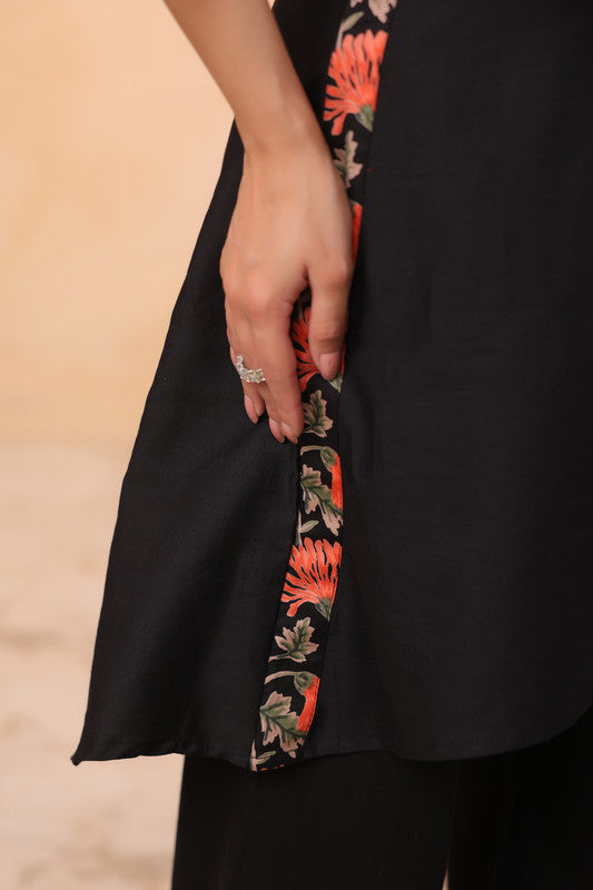 Black Floral Motif Cotton Co-ord Set with Tie-Up Sleeves