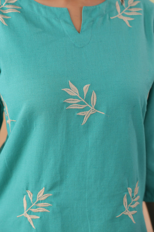 Sea Green Minimal Embroidered Leaf Motif Cotton FlexCo-ord Set