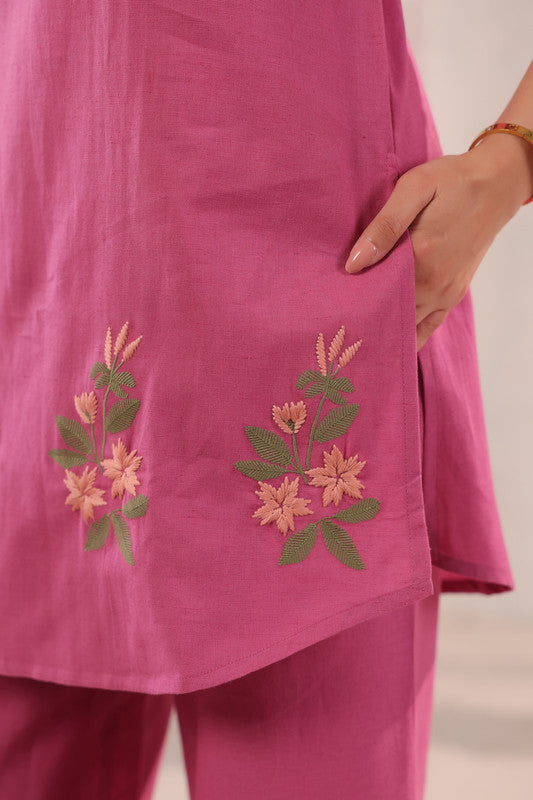 Rose Pink Floral Embroidered Cotton Flex Co-ord Set