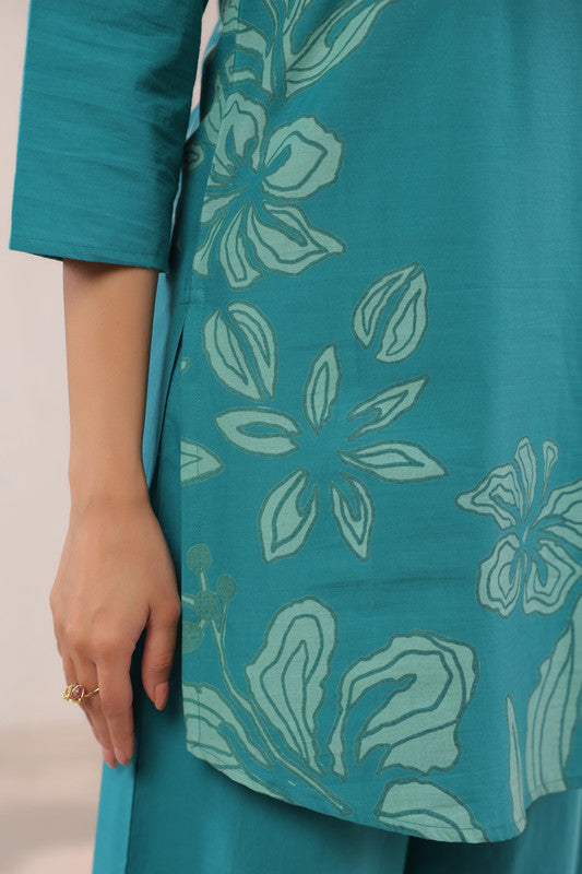 Teal Green Elegant Floral Printed Cotton Co-ord Set