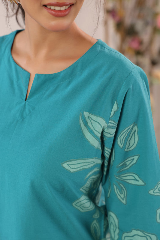 Teal Green Elegant Floral Printed Cotton Co-ord Set