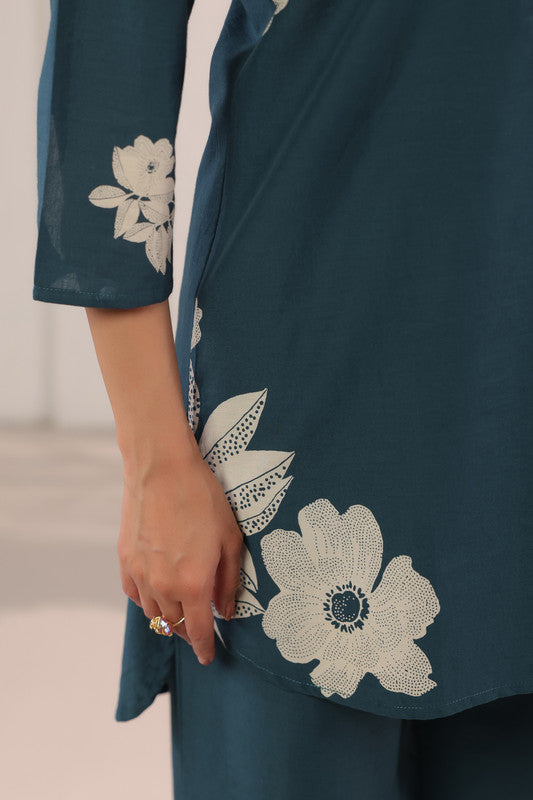 Teal Elegant Floral Printed Cotton Co-ord Set