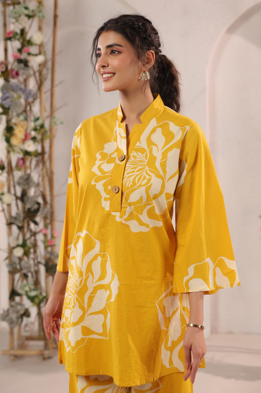 Mustard Yellow Large Floral Printed Cotton Co-ord Set with Button Placket
