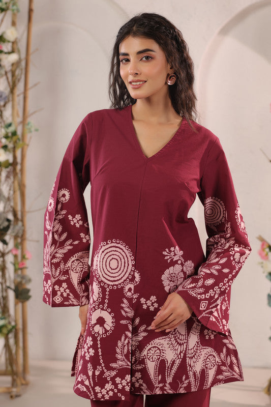 Wine Floral & Ethnic Printed Cotton Co-ord Set