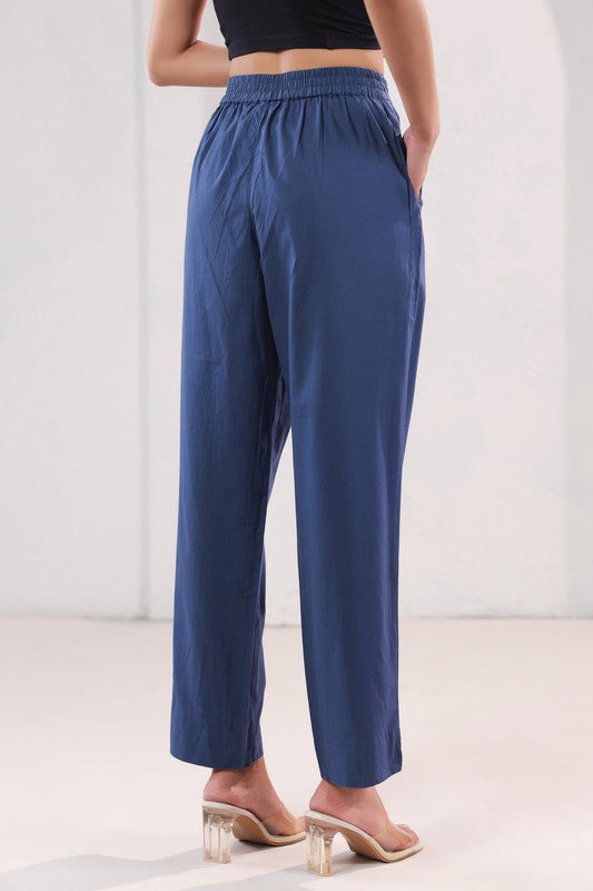 High Rise Blue Solid Straight Fit Cotton Pants