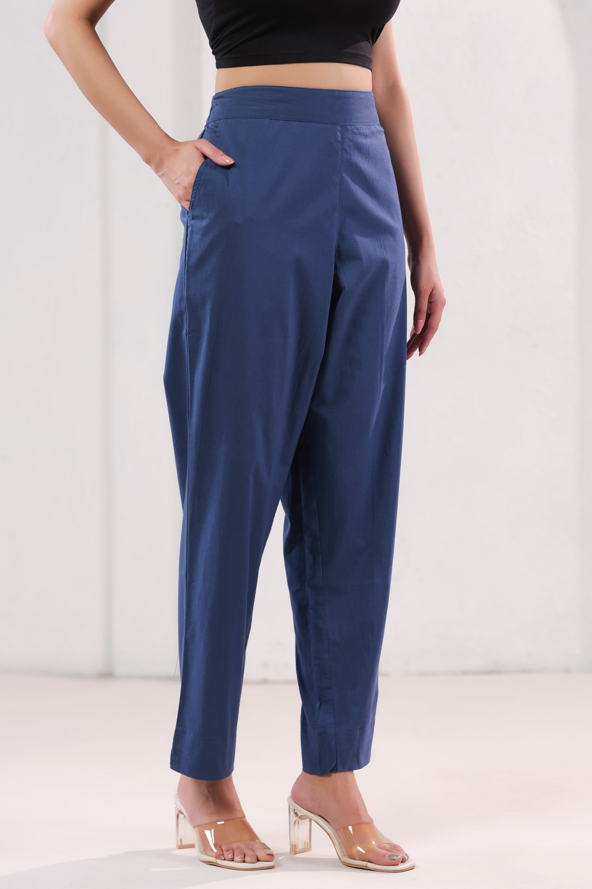 High Rise Blue Solid Straight Fit Cotton Pants