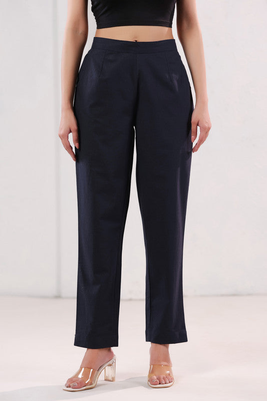 Smart Fit Navy Blue Straight Fit Formal Cotton Pants