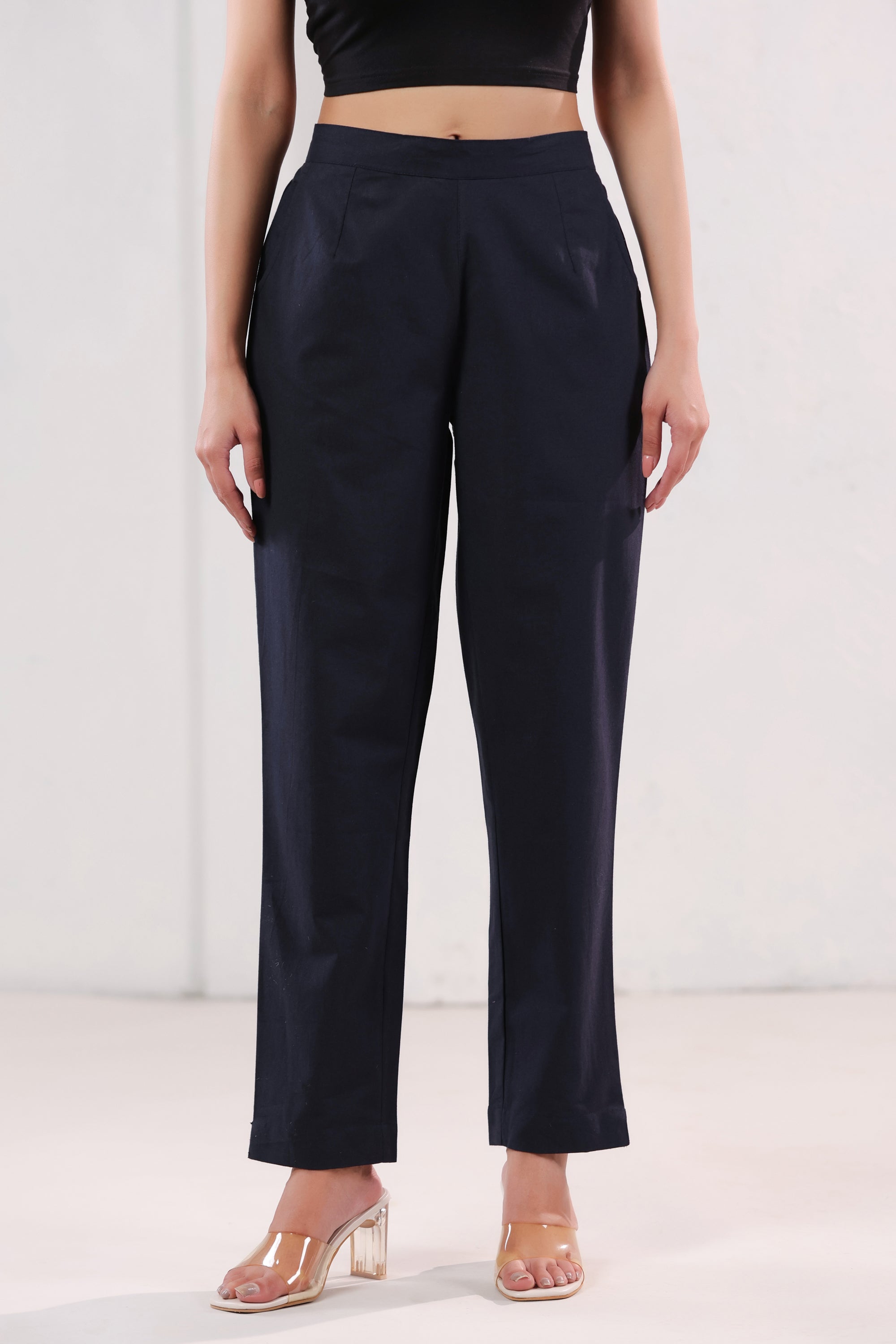 Smart Fit Navy Blue Straight Fit Formal Cotton Pants