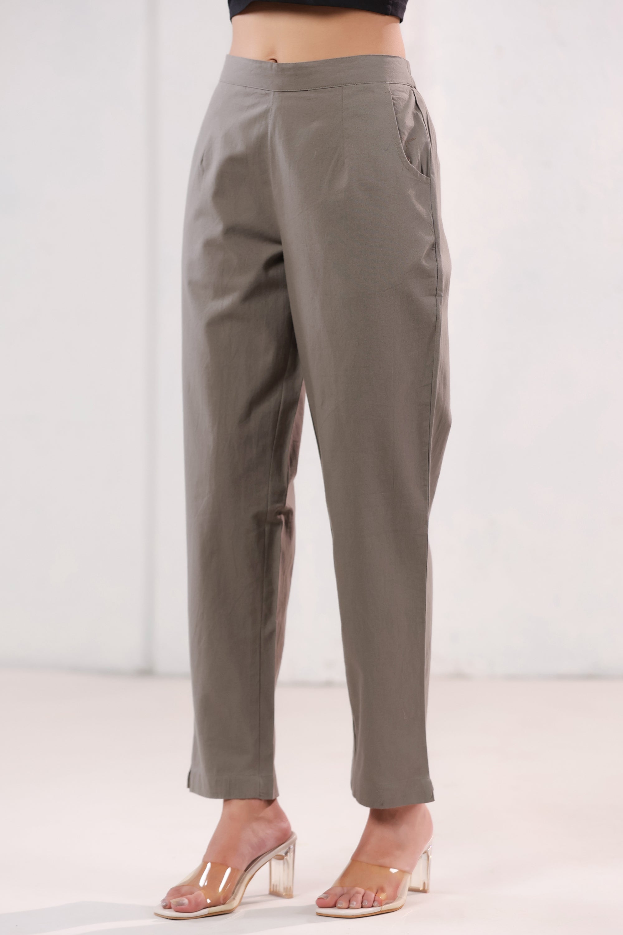 Elegant Solid Brown High Waist Straight Fit Cotton Pants